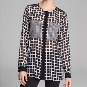 Michael Kors Black and White Check Grid Semi-Sheer Blouse
